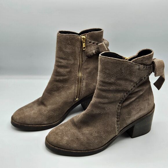 UGG Fraise Whipstitch Suede Ankle Boots Taupe Bow Back Block Heel Booties Size 8 - Picture 2 of 7